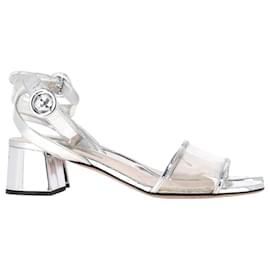 Prada-Prada Ankle Strap Block Heel Sandals in Silver Leather and PVC -Silvery,Metallic
