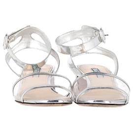 Prada-Prada Ankle Strap Block Heel Sandals in Silver Leather and PVC -Silvery,Metallic