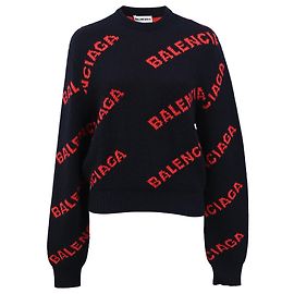 Balenciaga Logo-Intarsia Pullover aus marineblauer Wolle Blau Marineblau