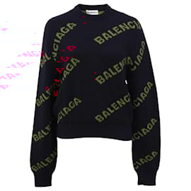 Balenciaga-Balenciaga Logo-Intarsia Sweater in Navy Blue Wool-Blue,Navy blue