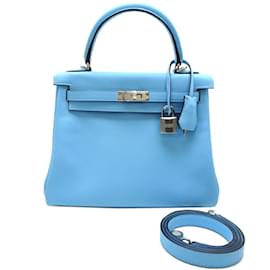 Hermès-Hermes Kelly 25 W Handbag in Swift Celeste-Blue,Light blue