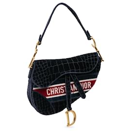 Dior-Dior Blue Velvet Crocodile Effect Embroidered Saddle Bag-Blue,Navy blue