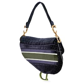 Dior-Dior Blue Velvet Crocodile Effect Embroidered Saddle Bag-Blue,Navy blue