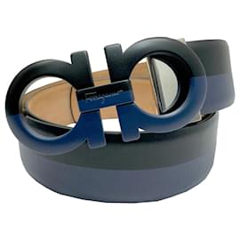 Salvatore Ferragamo-Salvatore Ferragamo Gancini Leather Belt-Black,Navy blue