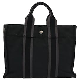Hermès-HERMES Fourre Tout PM Sac à Main Toile Noir Gris Argent Auth 111811-Marron,Noir,Argenté