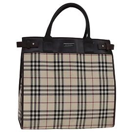 Bolsa de mão Burberry Nova Check em lona e couro bege marrom prata autêntica 112330 Marrom Prata Bege