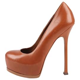 Saint Laurent-Saint Laurent Brown Leather Tribtoo Pumps Size 37.5-Brown