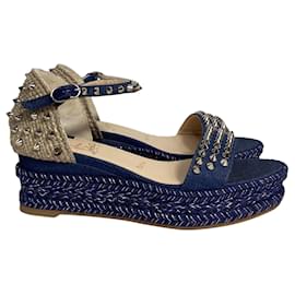 Christian Louboutin-Christian Louboutin Madmonica Spike Wedge Ankle-Strap Sandals in Blue Denim-Blue