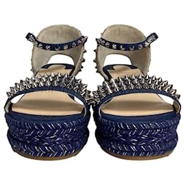 Christian Louboutin-Christian Louboutin Madmonica Spike Wedge Ankle-Strap Sandals in Blue Denim-Blue