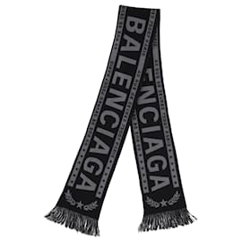 Balenciaga-Balenciaga Logo Fringed Scarf in Grey and Black Wool-Black