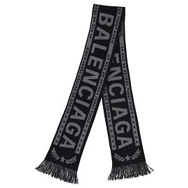 Sciarpa con frange logo Balenciaga in lana grigia e nera Nero