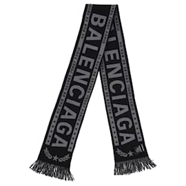 Balenciaga-Balenciaga Logo Fringed Scarf in Grey and Black Wool-Black