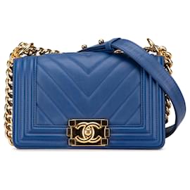 Chanel-Chanel Blue Small Chevron Lambskin Boy Flap-Blue