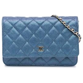 Chanel-Chanel Blue CC Quilted Iridescent Caviar Wallet on Chain-Blue,Dark blue