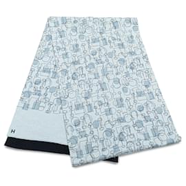 Hermès-Hermès Blue Printed Cashmere Silk Stole Scarf-Blue,Light blue