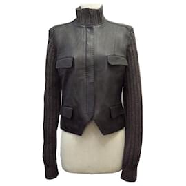 Hermès-NINE HERMES STRUCTURED LEATHER JACKET WITH CASHMERE WOOL SLEEVES SIZE 40 M-Brown