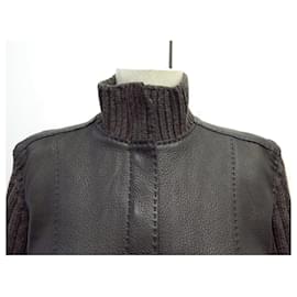 Hermès-NINE HERMES STRUCTURED LEATHER JACKET WITH CASHMERE WOOL SLEEVES SIZE 40 M-Brown