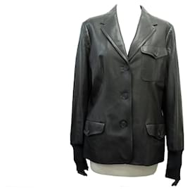 Hermès-HERMES JACKET IN GOAT LEATHER 44 L 3 BUTTONS WOOL LINING COAT-Black