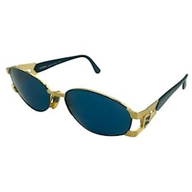 Fendi-Fendi Black Gold Blue Tinted Logo Sunglasses FS 293-Black,Blue,Golden
