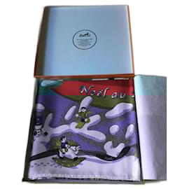 Hermès-Hermès scarf titled "NOEL AU 24 FAUBOURG" in its box and outer box - white background-Multiple colors