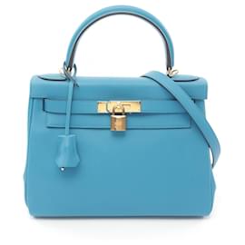Hermès-Hermes Kelly 28 Leather Handbag Blue-Blue