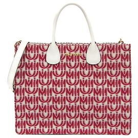 Borsa a spalla in jacquard e pelle per donna Miu Miu 5BG156 Bianco Rosso