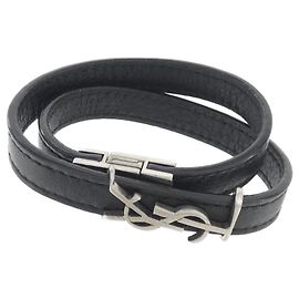 Bracciale in pelle nera e argento di Saint Laurent Nero Argento