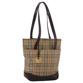 BURBERRY Nova Check Tote Bag Canvas Leather Beige Dark Brown gold Auth 111205 Beige Golden Dark brown