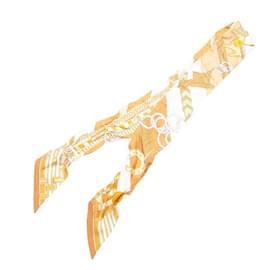 Hermès-Hermes Twilly Scarf in Bronze, Camel, and White-White,Bronze,Camel