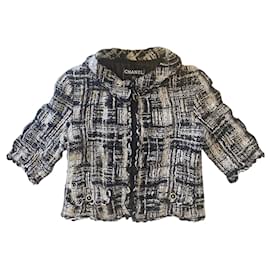 Chanel-Chanel 07C Runway Fantasy Tweed Black White Short Jacket FR 38/40-Black,Silvery,White