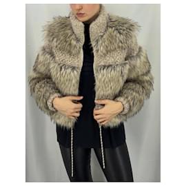 Chanel-Tweed and faux fur jacket by Karl Lagerfeld FW 2018-Pink,Beige,Grey,Light brown,Turquoise,Gold hardware