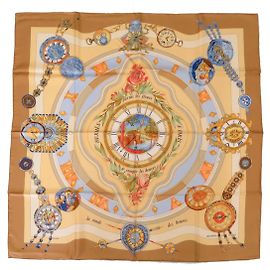 Carré Hermès 90 "Parmi les fleurs je compte les heures" Écharpe en soie 100% Marron