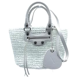 Balenciaga-Balenciaga Nylon Leather Mini Basket Tote-White