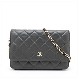 Chanel Schwarze 2014 Lammleder gesteppte Geldbörse mit Kette Schwarz
