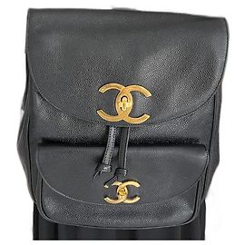 Chanel Black Caviar Leather Backpack Gold Trim Black