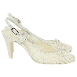 Chanel Floral Mesh Cap Toe Slingback Sandals in White Tweed White Cream