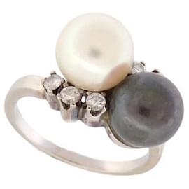 Autre Marque-RING YOU AND ME CULTURED PEARLS DIAMONDS 0.21 CT 52 WHITE GOLD 18K GOLDEN RING-Silvery