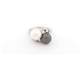 Autre Marque-RING YOU AND ME CULTURED PEARLS DIAMONDS 0.21 CT 52 WHITE GOLD 18K GOLDEN RING-Silvery