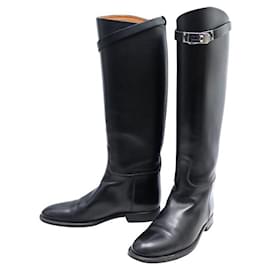 Hermès-HERMES JUMPING BOOTS H042138Z 37.5 IN BLACK LEATHER KELLY CLOSURE-Black