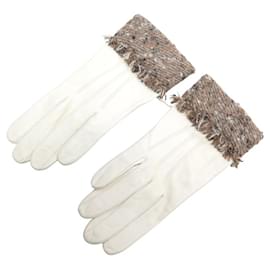 Chanel-NINE VINTAGE CHANEL WHITE LEATHER GLOVES WITH TWEED DETAILS SIZE 7.5-White