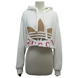 Gucci-NEW GUCCI X ADIDAS SWEATSHIRT TREFOIL LOGO 688197 SIZE 40 L CROP TOP COTTON HOODIE-White