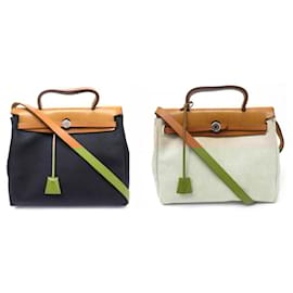 Hermès-HERMES HERBAG 30CM HAND BAG WITH 2 BLACK AND ECRU CANVAS STRAPS-Other
