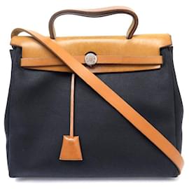 Hermès-HERMES HERBAG 30CM HAND BAG WITH 2 BLACK AND ECRU CANVAS STRAPS-Other