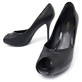 Louis Vuitton-NINE LOUIS VUITTON OPEN TOE SHOES 38 BLACK LEATHER PUMP SHOES-Black