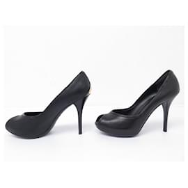 Louis Vuitton-NINE LOUIS VUITTON OPEN TOE SHOES 38 BLACK LEATHER PUMP SHOES-Black