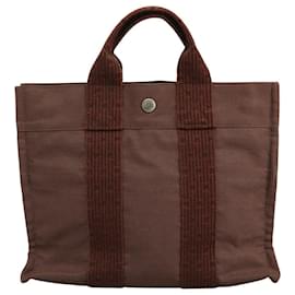 Hermès-HERMES Sac Tote Her Line PM Toile Marron Argent Auth 110850-Marron,Argenté