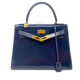 Hermès-Hermes Kelly 28 bag Sellier in Midnight Blue box leather-Blue