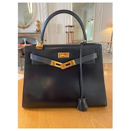 Hermès-Hermes Kelly 28 bag Sellier in Midnight Blue box leather-Blue