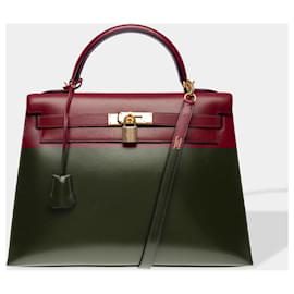 Hermès-HERMES Kelly 32 Bag in Bordeaux Leather - 102453-Dark red