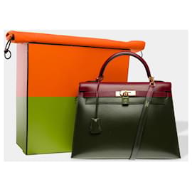 Hermès-HERMES Kelly 32 Bag in Bordeaux Leather - 102453-Dark red